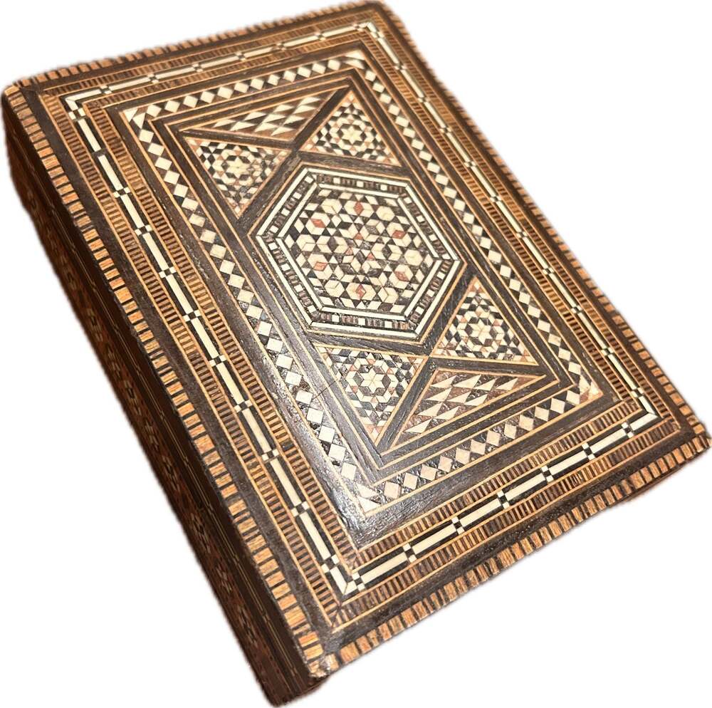 Vintage Syrian Handcrafted Wood Mosaic Marquetry Box w Mother of Pearl Inlays